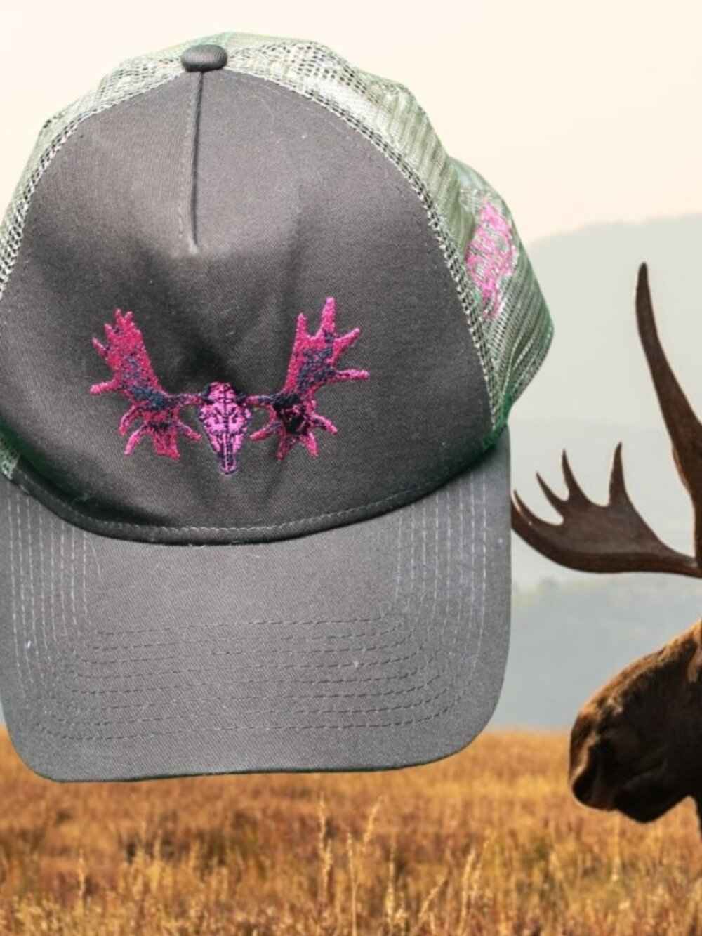 Alaska Moose skull antler  Embroidered Cap Hat womens hunting pink brown